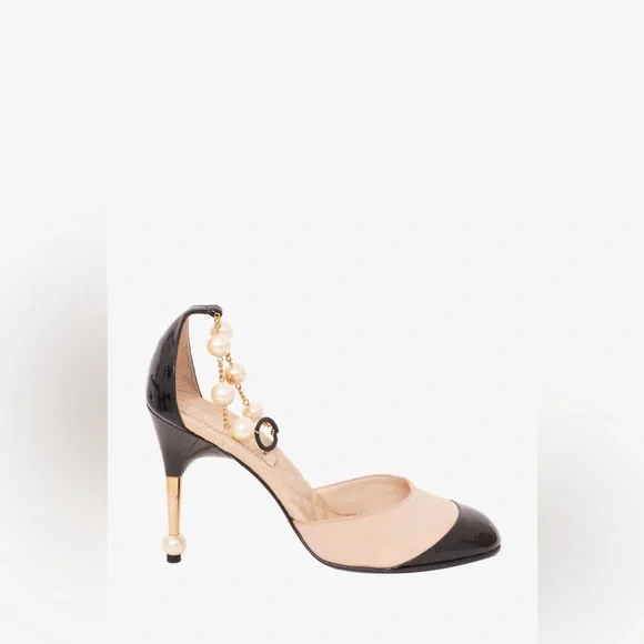 Chanel Beige Pearl Embellished Ankle Strap Heels - Picture 9 of 10